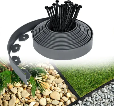 A rolled-up grey garden edging strip with black stakes, superimposed over images of a garden with rocks and grass.