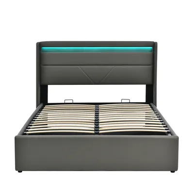 Produktbild von STILVORA Stauraumbett 160x200cm mit hydraulischem Stauraum, Polsterbett mit LED-Beleuchtungsleiste, Funktionsbett mit Fernbedienung, Grau