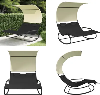 Produktbild von vidaXL Doppel Schaukelliege mit Sonnendach Schwarz und Creme - Doppel-Sonnenliege - Doppel-Sonnenliegen - Doppel-Schaukelliege - Gartenliege