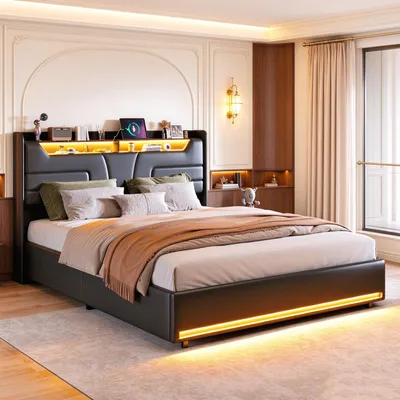 Immagine prodotto di Letto imbottito INONEFT, 140x200 cm, con spazio contenitore, letto per ragazzi/matrimoniale con funzione di ricarica USB e LED, letto con sistema di sollevamento idraulico e rete a doghe, rivestito in PU, colore nero