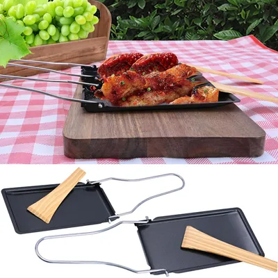 Produktbild von 2er-Set Grillpfännchen für Raclette & BBQ – Antihaftbeschichtete Pfännchen mit klappbarem Griff & Holzspatel – Hitzebeständig bis 260 °C