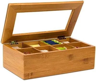 Produktbild von PolkaHome® Bambus Teebox mit 8 Fächern – Transparenter Deckel und Aromaschutz, 28 x 16 x 9 cm
