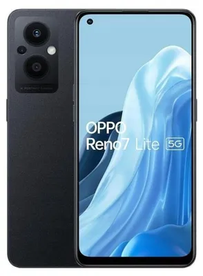 A black OPPO Reno 7 Lite 5G smartphone is shown from the front and side.