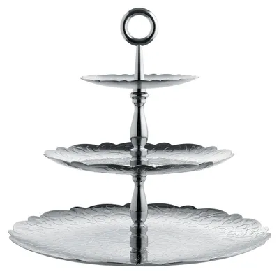 3-stöckiger Tortenständer aus Edelstahl, Reliefdekor, Silber