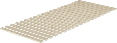 A product shot of a wooden slatted bed base.