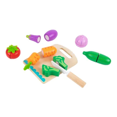 Produktbild von Tooky Toy Spielset Gemüse aus Holz | Zubehör / Essen für die Spielküche | 6 Gemüsesorten, Schneidebrett & Messer | Montessori-Spielzeug für