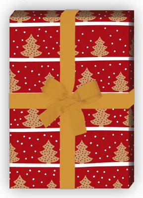 Produktbild von Schönes Streifen Weihnachtspapier mit Weihnachtsbäumen im Schnee, rot - G9878, 32 x 48cm