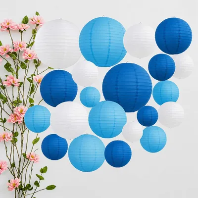 Produktbild von Papierlaternen Set, 15 Stück, blau und weiß, rund, 25/20/15 cm, für Gartenparty