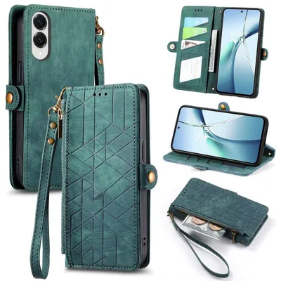 Immagine prodotto di Per Samsung Galaxy S25 Edge 5G Design geometrico Pelle finta Zipper Book Wallet Case con passante Verde