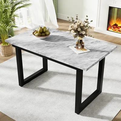 Image de MODFU Table à manger à rallonges et à abattants avec pieds en fer, table basse rectangulaire multifonctionnelle, aspect béton, gris