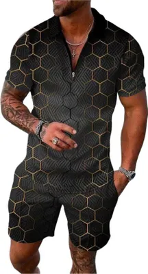 Produktbild von ASKSA Herren Sommer Trainingsanzug Polo Hemd Set Kurzarm T-Shirts und Shorts Outfit Freizeitanzug, Schwarz&Gelb, Groesse: 3XL
