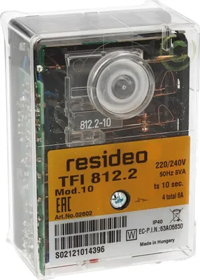 A close-up view of a Resideo TFI 812.2 gas burner control module, encased in clear plastic.