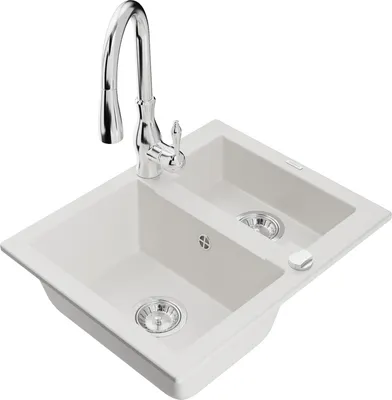 Produktbild von Mexen Carlos 1,5-Becken-Granitspüle mit Mischbatterie Savita, Weiß - 6518-20-672601-00