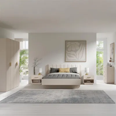 Produktbild von Schlafzimmer-Set mit 180x200 cm Bett, modern in Beige, 5-teilig - LOUSADA-166
