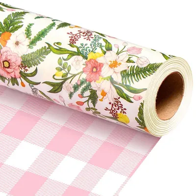 Obrázek produktu pro Dárkový papír, květinový vzor, kostkovaný, 43 cm x 10 m, růžová a bílá barva
