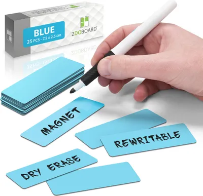 Produktbild von 2DOBOARD Magnetstreifen beschreibbar - 7,5 cm x 2,5 cm Blau - 25 Stück - Wochenplaner, Organizer – Für Metallschränke, Kühlschränke, magnetische Oberflächen