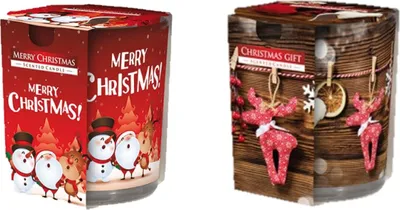 Produktbild von 2 Stück Duftkerzen aus Glas mit Motiv, 120g, Zimtduft, Weihnachtsdeko
