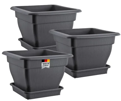 Image de 3x Set de pots de fleurs grand extérieur, pot de fleurs XL avec réservoir d'eau 48x48 cm, pot de plantes et soucoupe, plastique, pots de fleurs pots de plantes, anthracite