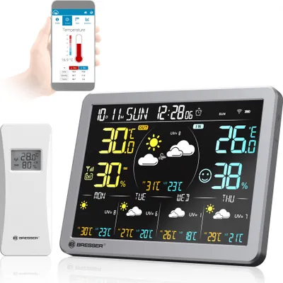 Produktbild von Bresser WLAN-Wetterstation mit App für Tuya Smart Home, 5-Tage-Vorhersage, Thermo-Hygrosensor, Verlauf, Komfortanzeige, Wecker, Warnfunktion
