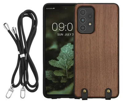 Produktbild von kwmobile Necklace Case kompatibel mit Samsung Galaxy A53 5G Hülle - Holz TPU Cover mit Handykette - Band Handyhülle Dunkelbraun