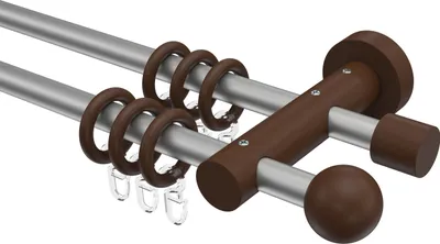 Produktbild von Interdeco Gardinenstange / Vorhangstange Silbergrau / Nussbaum lackiert, Typ Adrian Geo (Kugel), 16 mm Ø 2-läufig, 200 cm