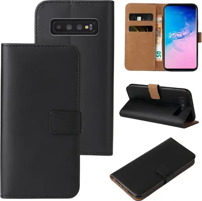 A collage of images showing a black flip phone case for a Samsung Galaxy S10, including its interior and how it can be used as a stand.
