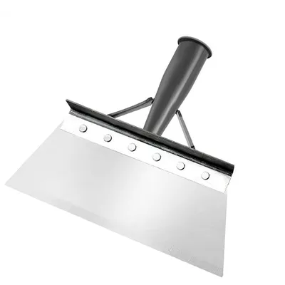 A close-up studio shot of a multifunctional flat shovel against a white background.