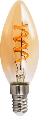A close-up studio shot of a single LED filament candle light bulb.