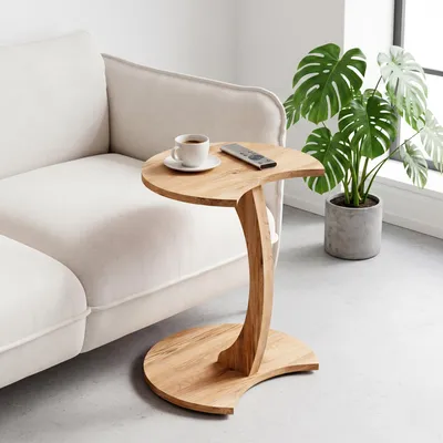 Produktbild von Beistelltisch C-Form Mond, Oak, Sofatisch mit Rollen, Couchtisch Laptoptisch Couch, 56 x 45 x 35 cm (Oak, C-Form Mond