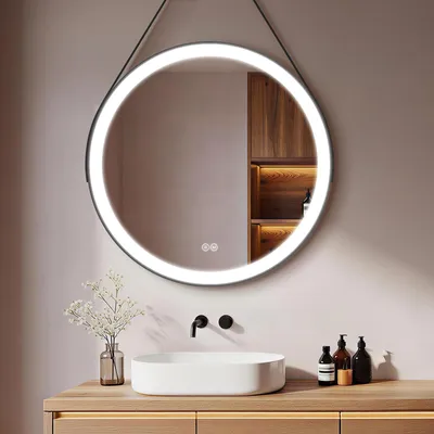 Zdjęcie produktu dla S'AFIELINA Lustro łazienkowe LED 70cm Okrągłe lustro łazienkowe z oświetleniem Czarna rama Lustro ścienne z przełącznikiem dotykowym, 3 barwy światła 3000/4000/6500K