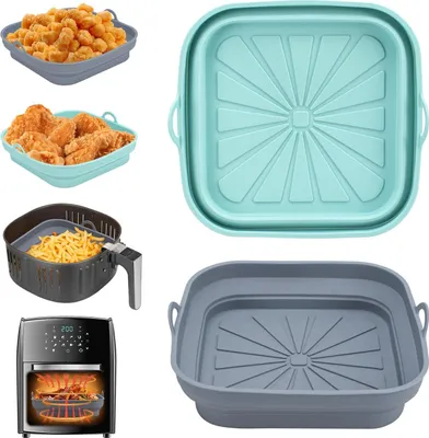 Produktbild von Silikonform für Heißluftfritteuse – 2 Stück Airfryer Silikon Backform, Wiederverwendbar, Quadratisch, Silikonmatte für Air Fryer, Mikrowelle, Ofen, Blau+Grau