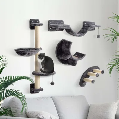 Produktbild von SUGIFT Wandkratzbaum mit Hängematte, Katzen Kletterwand Set 4-teilig, Katzenkratzbaum Wand, Dunkelgrau  |  Plüsch & Sisal  |  bis 5 kg  |  30x30x96 cm