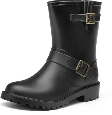 Produktbild von DREAM PAIRS Damen Motorrad Gummistiefel wasserdichte Stiefeletten Biker Boots Leicht Halbhoch,Farbe: Schwarz, Größe: 39