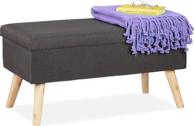 Produktbild von Relaxdays Sitzbank mit Stauraum, gepolsterte Truhenbank, modern, Holzbeine, Stoffbezug, HBT: 39 x 77 x 39 cm, dunkelgrau