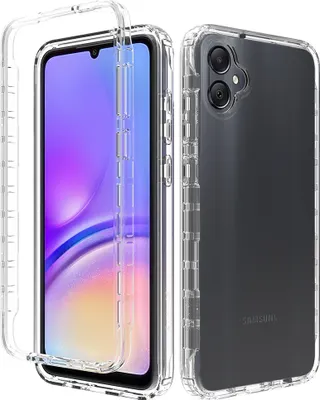 A clear protective phone case is shown from the front and back, with a phone inside the front view.