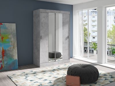 FurMeb24 Schiebetürenschrank MULTI 2 -110x200cm Kleiderschrank mit Spiegel, 2-türig  Schiebeschrank - (BETON)