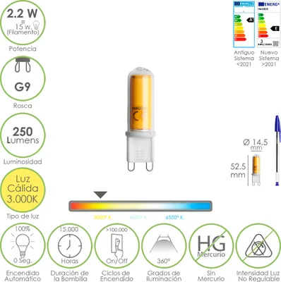 Obrázok produktu pre LED žiarovka G9 závit. 2.2 Watt. Ekvivalent 15 Wattov. 250 lúmenov. Teplé svetlo (3000º K.)