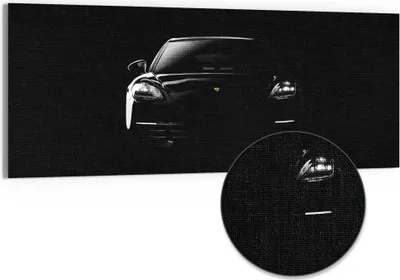 Produktbild von DEQORI Hybrid Leinwand Bild 125x50 cm 'Porsche Panamera Front' Wandbild Glas flach modern