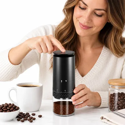 Produktbild von Elektrische Kaffeemühle mit Kegelmahlwerk, 38 Mahlgrade, Edelstahl-Mahlwerk, kabellos & wiederaufladbar, 110 ml, Espressomühle für Reise & Camping