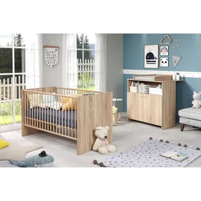 Produktbild von Bett 70 x 140 cm + 2-türige Wickelkommode – Nachbildung Eiche natur