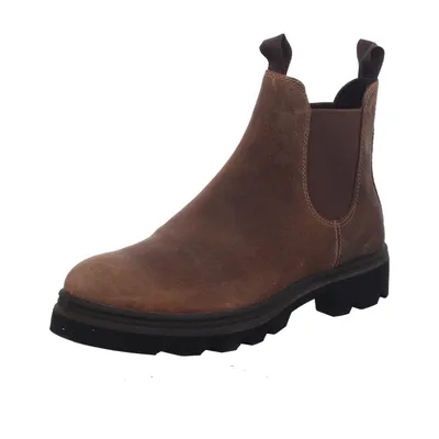 A single brown leather boot is shown against a white background.