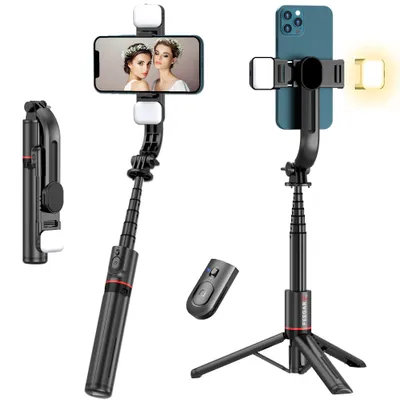 A product shot of a selfie stick with a tripod and phone mount, along with a remote control.
