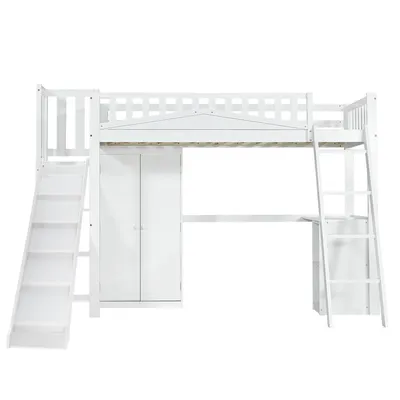 Produktbild von Flieks Etagenbett 90x200cm mit Kleiderschrank, Kinderbett mit Rutsche, Hochbett mit Schreibtisch, Stockbett Holzbett Einzelbett mit Stauraum, Weiß
