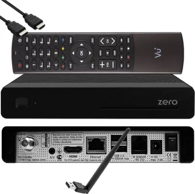 A black satellite receiver, remote control, and HDMI cables are displayed against a white background.