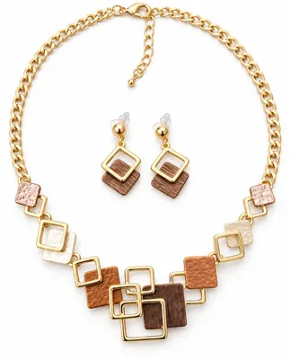 Immagine prodotto di Parure boho: collana e orecchini, quadrati, marrone e color oro