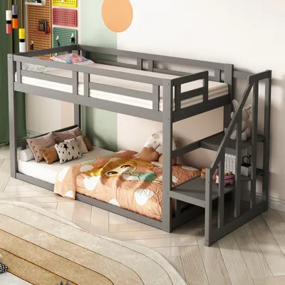 Produktbild von STILVORA Kinderbett 90x200cm Jugendbett Etagenbett mit Sicherheitstreppe&Lattenrost,Stockbett mit Rausfallschutz, Grau(ohne Matratze)