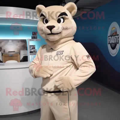 Productafbeelding van Beige Puma mascotte REDBROKOLY kostuum personage gekleed met een coltrui en manchetknopen