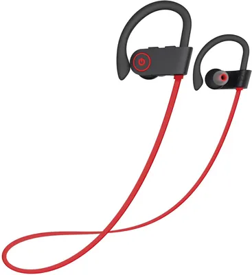 A pair of black and red wireless Bluetooth headphones with ear hooks, displayed against a white background.