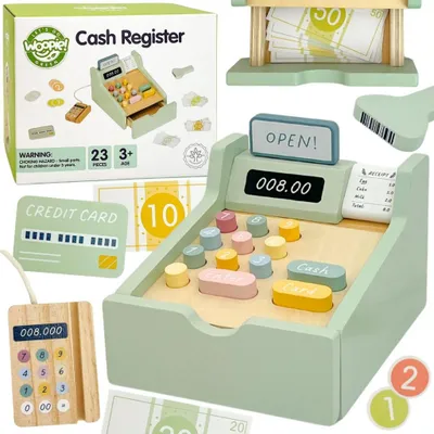Image de Caisse enregistreuse éducative en bois vert Woopie avec accessoires 23 pièces
