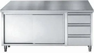 Zdjęcie produktu dla Stół roboczy ze stali nierdzewnej 1800x700 mm – z drzwiami przesuwnymi i 3 szufladami